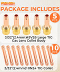 All-In-One TIG Welding Consumables Kit with ten 3/32 inch 10N24 collets and five 45V26 gas lens collet bodies display