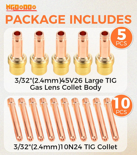 All-In-One TIG Welding Consumables Kit with ten 3/32 inch 10N24 collets and five 45V26 gas lens collet bodies display