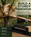 Built Tough Heavy Duty Treehouse Bracket With Floating Connection Design For Independent Tree Movement Fits 1.25 X 15 Inch Lag Bolts Or 1.25 Inch Tabs Outdoor Tree Support System Birdhouse Mounting Playground Construction black steel treehouse bracket on wood board