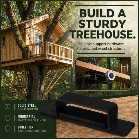 Built Tough Heavy Duty Treehouse Bracket With Floating Connection Design For Independent Tree Movement Fits 1.25 X 15 Inch Lag Bolts Or 1.25 Inch Tabs Outdoor Tree Support System Birdhouse Mounting Playground Construction black steel treehouse bracket on wood board
