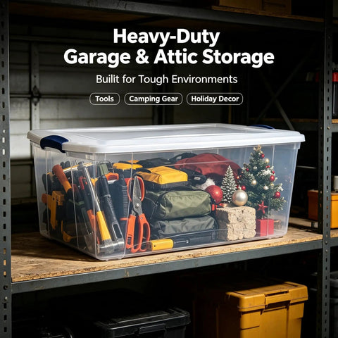 Extra Large Clear Storage Bin with Lid Stackable Plastic Tote Hella Spacious Snap Latch Game Changer for Home Organization in garage