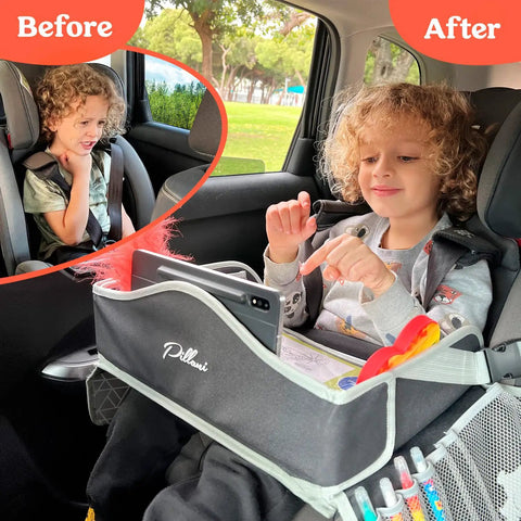 Child using Kids Travel Tray For Car, Tablet Holder Lap Desk With Activity Sheets And Pens, Road Trip Essentials for engaging travel.