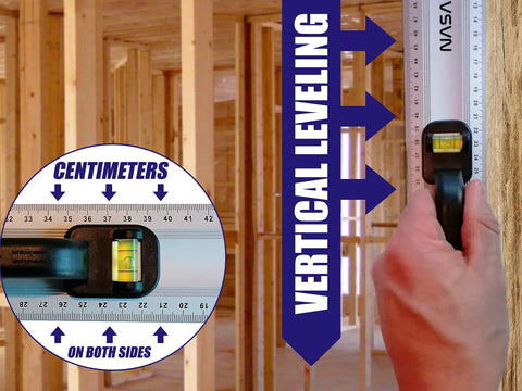 Aluminum Handle Ruler For Precise Cuts, 55cm Centimeter Ruler with Dual-Sided CM Markings, demonstration of vertical leveling