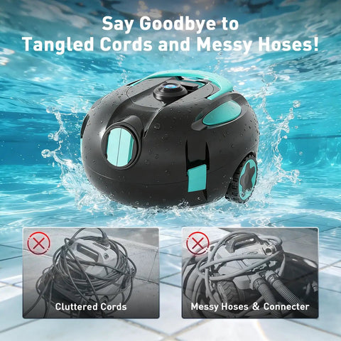 Cordless Robotic Pool Cleaner With Dual Suction And 130 Minute Runtime floating underwater, promoting tangle-free design.
