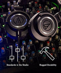 M50X Pro Studio Headphones With Detachable Cable Black resting on a mixing console in a dimly lit studio, highlighting durability.