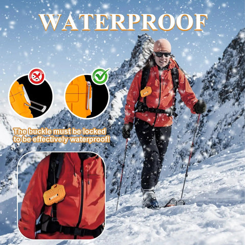 Hiker in snow with Waterproof Outdoor Lighter USB C Rechargeable Windproof Flameless Dual Arc Plasma Lighter attached to backpack.