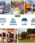 50FT heated RV water hose; SZFY brand; collage of RV, garden, camp, and barn icons with horses and a barn coop.