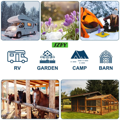 50FT heated RV water hose; SZFY brand; collage of RV, garden, camp, and barn icons with horses and a barn coop.