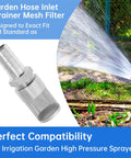 Garden hose inlet suction strainer mesh filter with 25mm inlet, 304 stainless steel, demonstrating debris removal in irrigation