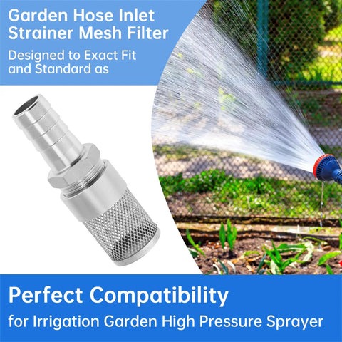 Garden hose inlet suction strainer mesh filter with 25mm inlet, 304 stainless steel, demonstrating debris removal in irrigation