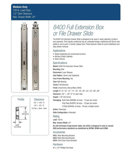 Pro Grade 22 In Side Mount Full Extension Drawer Slide Pair with smooth gliding steel for 100lb load capacity, suitable for kitchen and bath.