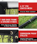 Baseball Pitching Net Pro With 9 Hole Strike Zone Target details, showing PVC coated mesh and corrosion-proof eyelets.