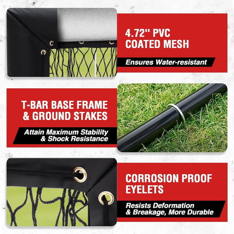 Baseball Pitching Net Pro With 9 Hole Strike Zone Target details, showing PVC coated mesh and corrosion-proof eyelets.