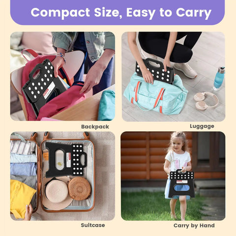 Folding Step Stool Nine Inch Holds Up To 600 Lb With Non Slip Surface And Carry Handle packed in bag and carried by child