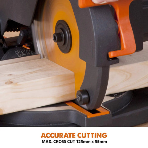 Compact 8-1/4 Inch Compound Miter Saw With 1200W Power cutting wood, showing multi material blade and accuracy for tough cuts.