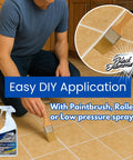 Man applying Grout Sealer Pro Grade Water Based Tile Stone And Grout Protection with brush on tiles, one gallon bottle