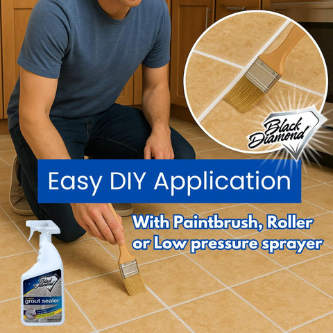 Man applying Grout Sealer Pro Grade Water Based Tile Stone And Grout Protection with brush on tiles, one gallon bottle