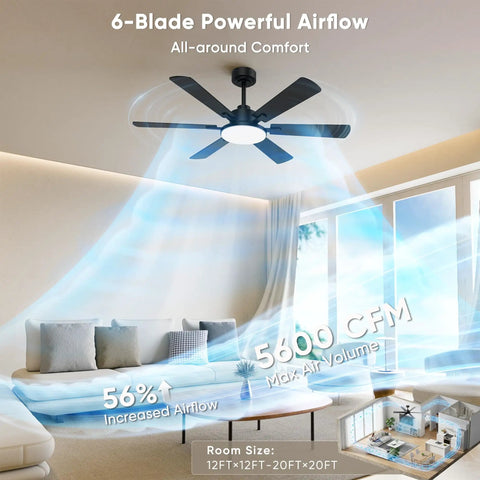 52 Inch Ceiling Fan With Lights Six Double Sided Blades Ultra Quiet Reversible DC Motor Remote And App Control Six Speeds Dimmable LED With Memory Function Three Color Temperature Downrod Mount For Living Room Black displayed in a modern living room showing airflow