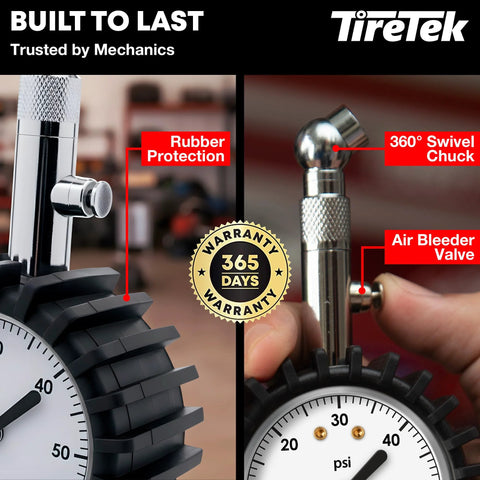 TireTek tire pressure gauge for cars with 360° swivel chuck, air bleeder valve, rubber protection, analog dial