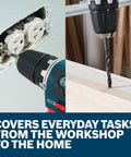 Drill in use with 65-Piece Drilling And Driving Mixed Set for home and workshop projects, shown drilling wood and installing outlet