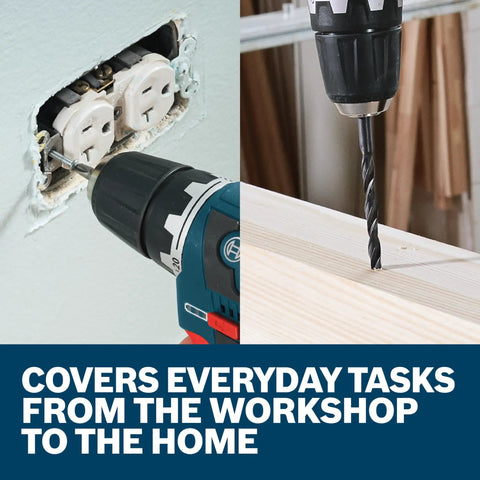 Drill in use with 65-Piece Drilling And Driving Mixed Set for home and workshop projects, shown drilling wood and installing outlet