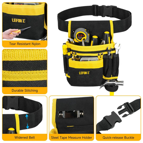 26 Pocket Nylon Tool Belt With Detachable Pouch, Quick Release Buckle, Adjustable Strap, Black and Yellow, for Electricians, Carpenters