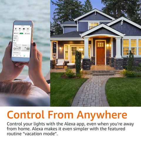 Person using the Alexa app on a smartphone while viewing a modern house exterior, promoting Six Outlet Smart Power Strip With Usb C Charging, Alexa Enabled Wifi Extension Cord, Plug And Play Switches, Slick Home Automation Gear For Everyday Use.