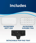 Includes microfiber soft pad, microfiber scrubby pad, and detachable mop pad tray for all-in-one vacuum and steam mop.