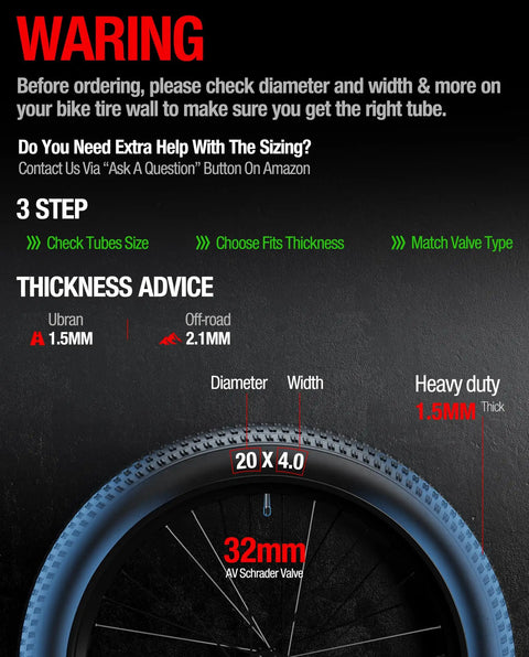 Thickness guide for heavy duty fat tire inner tube with 32mm Schrader valve, 1.5mm thickness for 26 inch MTB and folding bikes.