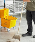 Built Tough 3 Inch Locking Caster Wheels Set Of 4 Heavy Duty TPR Rubber Swivel Castors With Top Lock Brake 7/16 Stem 660 Lb Capacity Roll Slick Replacement For Utility Cart Mop Bucket And Shop Vac Grill Stand with yellow mop bucket and mop.