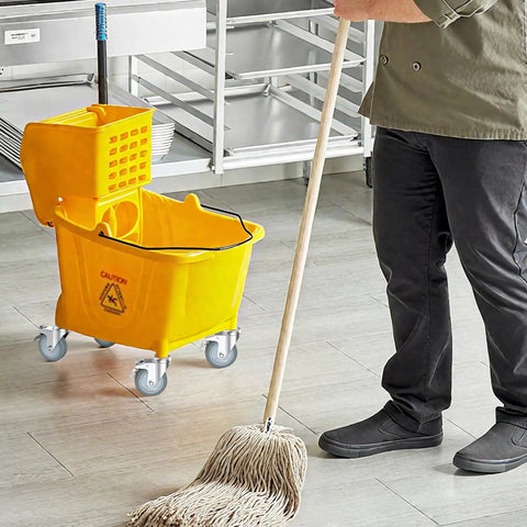 Built Tough 3 Inch Locking Caster Wheels Set Of 4 Heavy Duty TPR Rubber Swivel Castors With Top Lock Brake 7/16 Stem 660 Lb Capacity Roll Slick Replacement For Utility Cart Mop Bucket And Shop Vac Grill Stand with yellow mop bucket and mop.