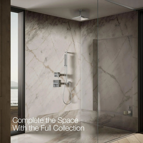 Modern bathroom with Honesty 10-Inch Rain Showerhead, Single Function, 2.5 GPM, Polished Chrome, spa-like setup in marble decor.
