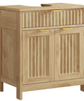 Kick Up Your Bathroom Style With This Slick Fluted Pedestal Sink Cabinet Featuring Two Doors And A Bottom Drawer In Natural Oak U Shape Cutout For Dope Space Saving Vibes.