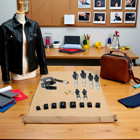 Universal Zipper Repair Kit 6 Pack With Replacement Sliders And Seam Ripper displayed on a table with tools and fabrics