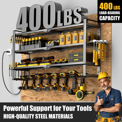 Heavy Duty Power Tool Organizer Wall Mount With 7 Slot Cordless Drill Holder And Battery Shelf, showing 400 lbs capacity