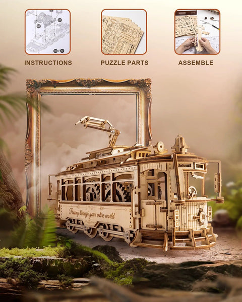 3D Wooden Puzzle Model Car Kit For Adults Build A Classic Tram Train Set With Realistic Rails And Real Wood Finish Hands On Toy Gift Idea For Christmas Fathers Day Birthday Dope Build Experience assembled wooden tram with parts and instructions