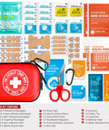 Front view of Everlit Care Mini-Aid First Aid Kit in red zip case; contains gauze, bandages, scissors, swabs.