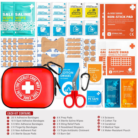Front view of Everlit Care Mini-Aid First Aid Kit in red zip case; contains gauze, bandages, scissors, swabs.
