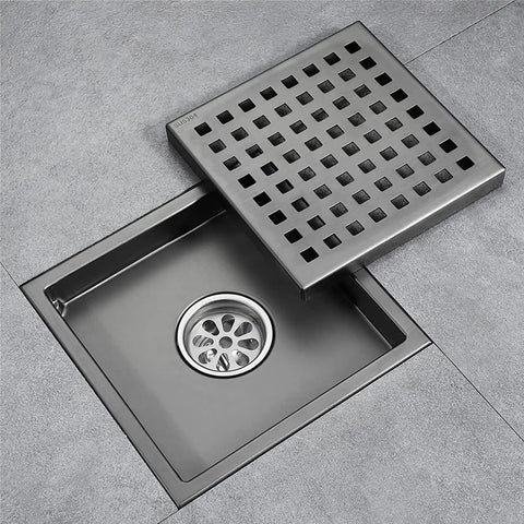 Heavy Duty 6 Inch Square Shower Drain Cover Featuring Removable Hair Catcher Grid Stops Clogs Quick Black Stainless Steel Bath Floor Insert.
