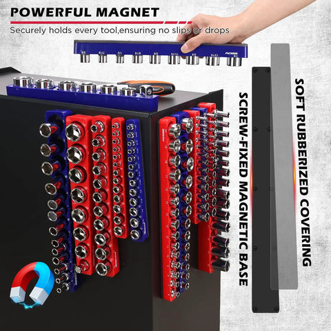 12 Piece Magnetic Socket Organizer Set For Quarter Inch, Three Eighths Inch, And One Half Inch Drive SAE And Metric, Detachable Tray
