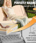 Woman relaxing on khaki three piece outdoor porch swing cushions set for 3 seater replacement with 25D foam showing comfort