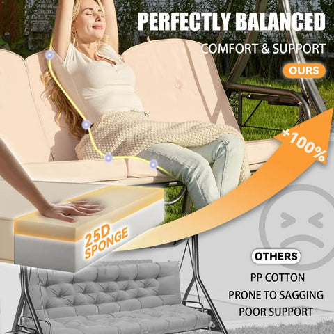 Woman relaxing on khaki three piece outdoor porch swing cushions set for 3 seater replacement with 25D foam showing comfort