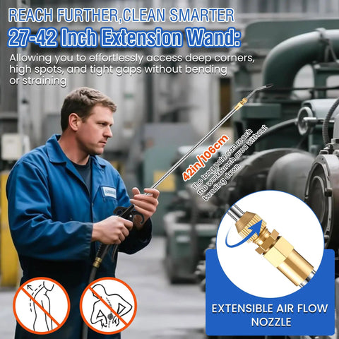 Man using Beefy Workhorse heavy duty high pressure air blow gun with 27 to 42 inch extendable wand for industrial cleaning