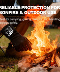 Person wearing 14 Inch Heat Resistant Leather Welding Glove With Kevlar Stitching For Fireplace Grill Fire Pit Campfire Wood Stove 482 Fahrenheit CE Certified MIG Stick Forge Oven Animal Handling, tending a campfire.
