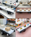 12V Variable Speed Industrial Conveyor Belt System With Controller 116 RPM Motor Heavy Duty Built To Last Pro Grade Aluminum and PVC Frame for Industrial and DIY Projects Compact 19 7 By 3 9 Inches shown in various settings with boxes and toys