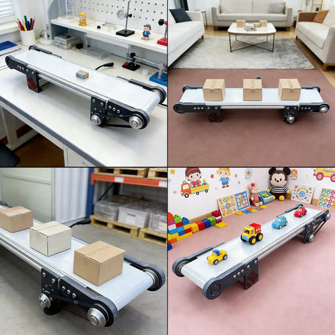 12V Variable Speed Industrial Conveyor Belt System With Controller 116 RPM Motor Heavy Duty Built To Last Pro Grade Aluminum and PVC Frame for Industrial and DIY Projects Compact 19 7 By 3 9 Inches shown in various settings with boxes and toys