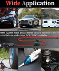 Hella Tough 12AWG Heavy Duty Cigarette Lighter Male Plug With 3.3Ft 12V Cable shown in various vehicle applications with accessories.