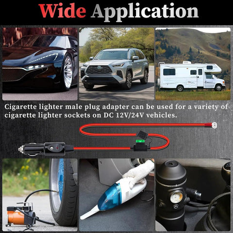 Hella Tough 12AWG Heavy Duty Cigarette Lighter Male Plug With 3.3Ft 12V Cable shown in various vehicle applications with accessories.