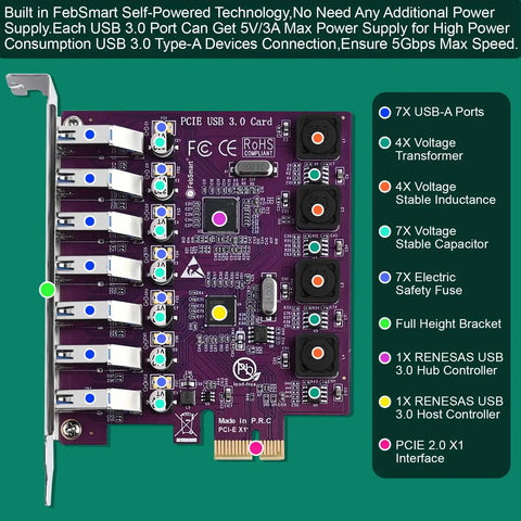 Seven USB Three Point Zero Ports PCIe X1 Expansion Card With Self Powered Technology Delivers Up To 5Gbps For Windows 11 10 8 7 Vista XP Desktop PCs No Extra Power Supply Required Plug And Play full-height bracket view