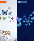 Day and night view of Luminous Butterfly Wall Stickers Set With 58 Pcs Phosphorescent Colorful Wall Art in kids room.